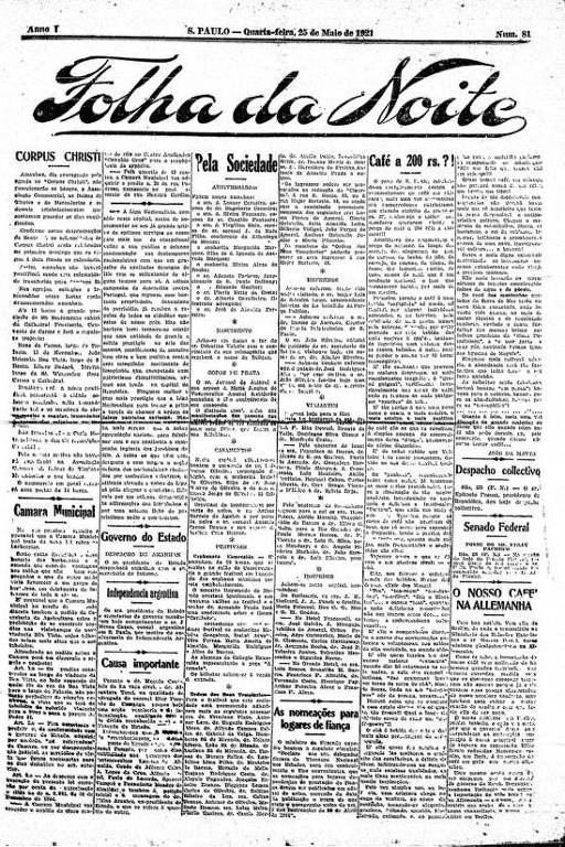 Primeira Página da Folha da Noite de 25 de maio de 1921