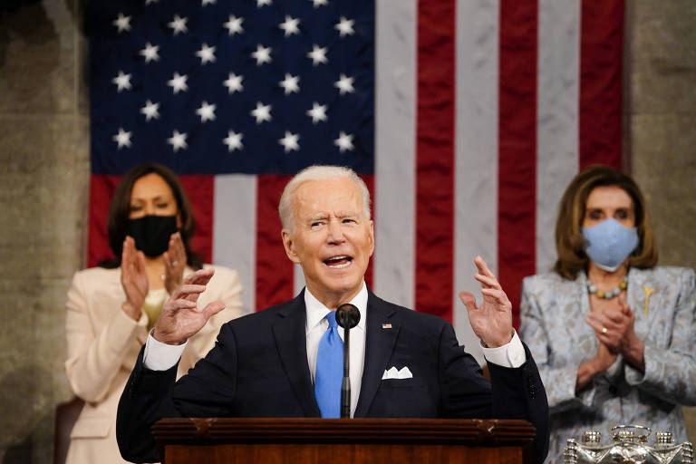 O presidente dos EUA, Joe Biden, durante seu primeiro discurso no Congresso