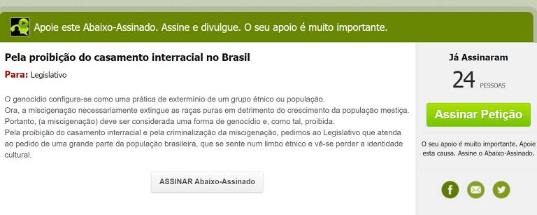 Petição que pede proibição de casamentos interraciais no Brasil