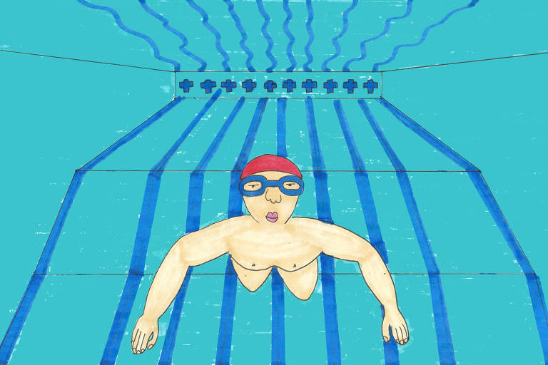 Ilustração mostra uma pessoa com óculos de natação dentro de uma piscina 