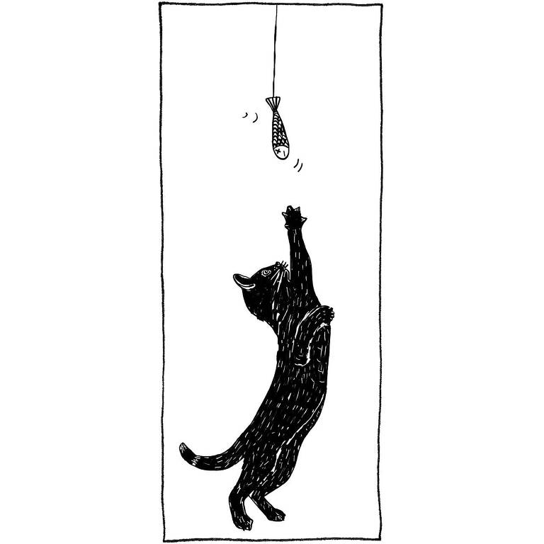 Ilustração de um gato preto tentando alcançar um brinquedo com formato de peixe que está pendurado por um fio acima dele.
