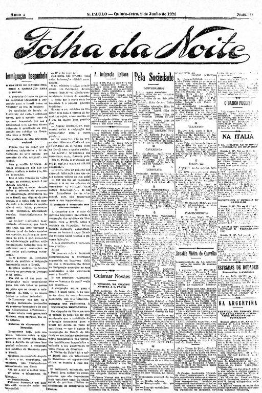 Primeira Página da Folha da Noite de 2 de junho de 1921
