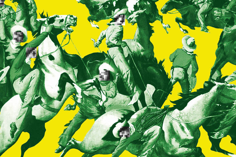 Várias pessoas em cima de cavalos brancos. Desenho com cores verde e amarela