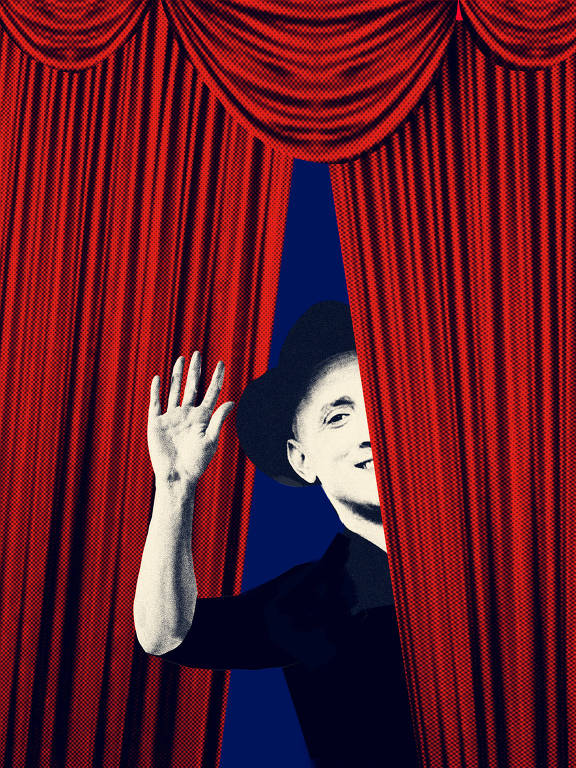 Colagem com uma foto de Paulo Gustavo acenando e indo para trás de cortinas vermelhas, como as de um teatro.