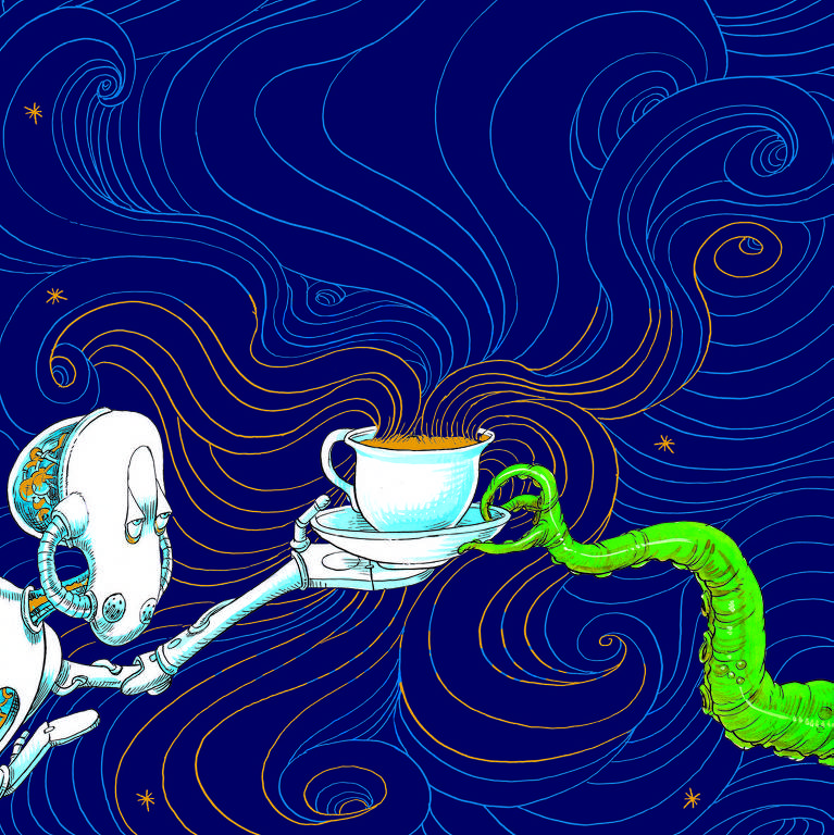 alien dando xícara de chá a tentáculo verde