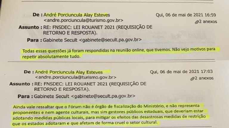 Emails enviados pelo secretário nacional de Fomento, André Porciúncula Alay Esteves