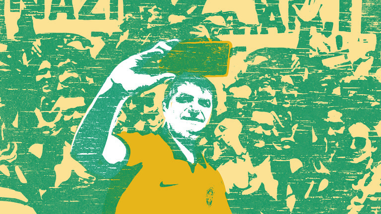 Ilustração em tons de azul e amarelo do presidente Jair Bolsonaro usando a camisa da seleção brasileira de futebol. Ele segura um celular para fazer uma selfie. Ao fundo, várias pessoas aglomeradas