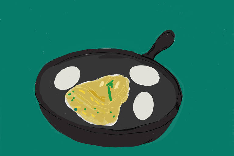Desenho mostra uma frigideira com uma omelete e três ovos inteiros