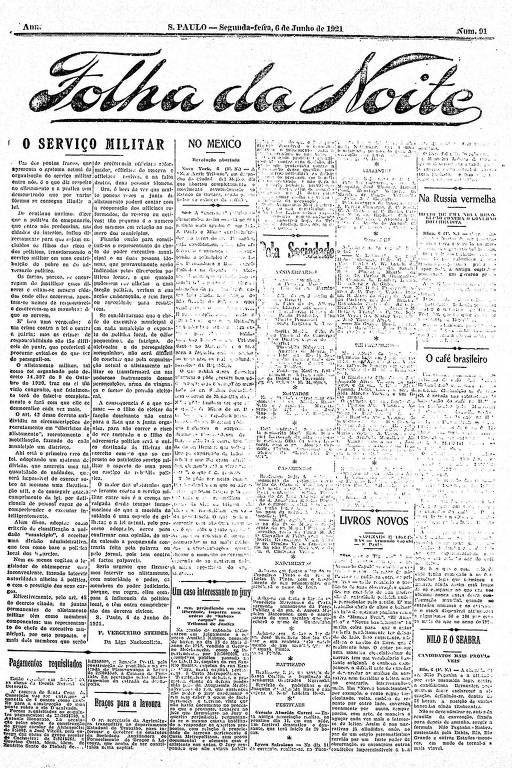 Primeira Página da Folha da Noite de 6 de junho de 1921