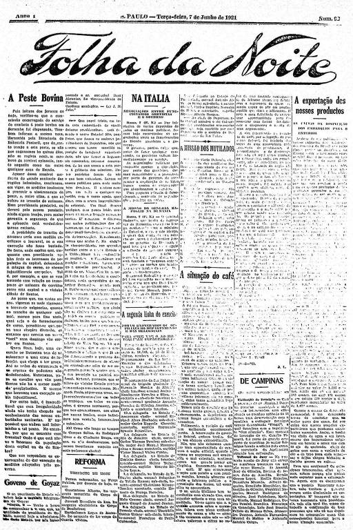 Primeira Página da Folha da Noite de 7 de junho de 1921