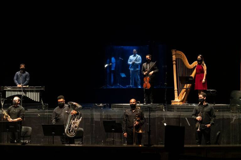 Orquestra do Theatro São Pedro em apresentação durante a pandemia