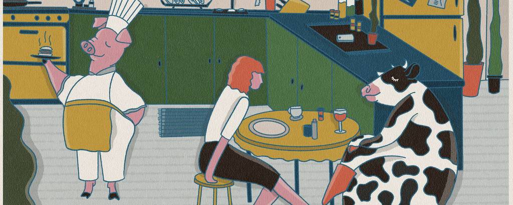 Ilustração lúdica traz um porco vestido como chef de cozinha, com dólmã e avental, enquanto mulher e vaca conversam à mesa