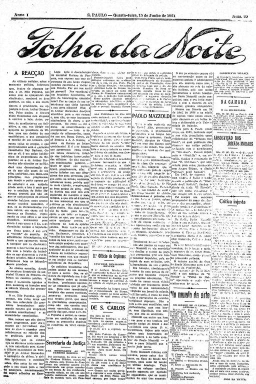 Primeira Página da Folha da Noite de 15 de junho de 1921