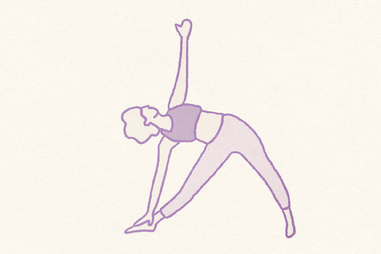 Ilustração mostra uma pessoa fazendo um execício. Ela está com as pernas afastadas e leva uma das mãos até um do pés e o outro braço está estendido para o alto.