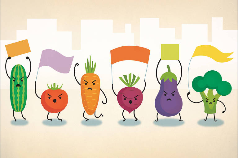 Ilustração representa um grupo de vegetais um pepino, um tomate, uma cenoura, uma beterraba, uma berinjela e um ramo de brócolis com expressões bravas protestando