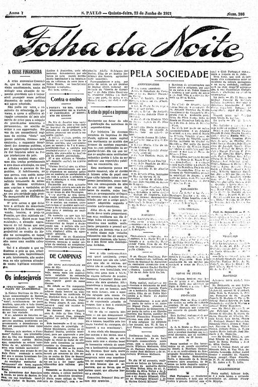 Primeira Página da Folha da Noite de 23 de junho de 1921