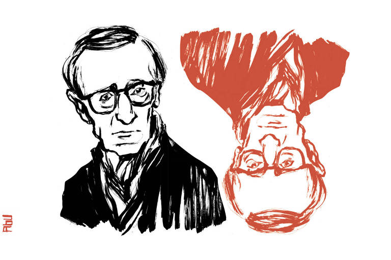 O busto de Woody Allen é retratado duas vezes. Há uma versão preta no lado esquerdo e uma vermelha de ponta-cabeça no lado direito.
