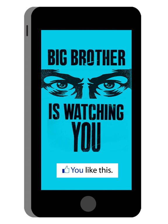 Ilustração de um smartphone com uma imagem na tela, na qual está escrito em preto "Big Brother is watching you" com a parte dos olhos do rosto de uma pessoa no meio e o fundo todo azul. Na parte inferior, há um ícone de uma mão com o polegar sinalizando gesto positivo e "You like this." escrito na frente do ícone.