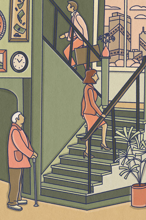 ilustração de escritório com pessoas de idades diferentes subindo uma escada 