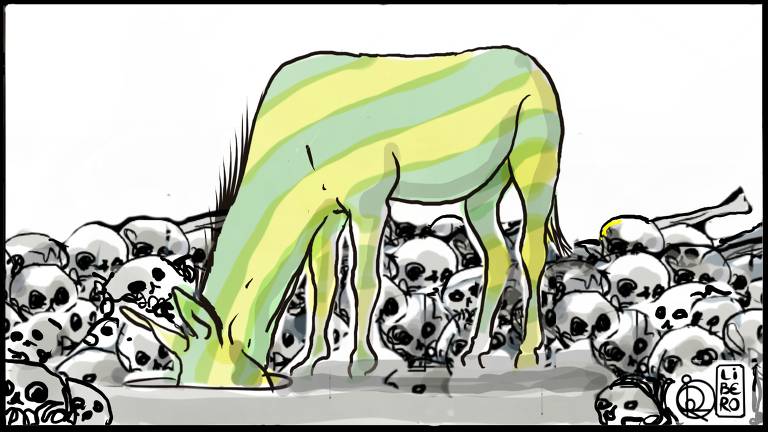 um burro verde e amarelo com a cabeça dentro de um buraco, cercado de crânios