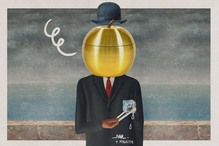 Ilustração de uma pessoa vestindo terno preto, camisa branca, gravata vermelha e chapéu coco preto com uma grande maçã dourada no lugar da cabeça. Ela segura um gelo que está derretendo com um pegador de gelo. Releitura da pintura O Filho do Homem de René Magritte.