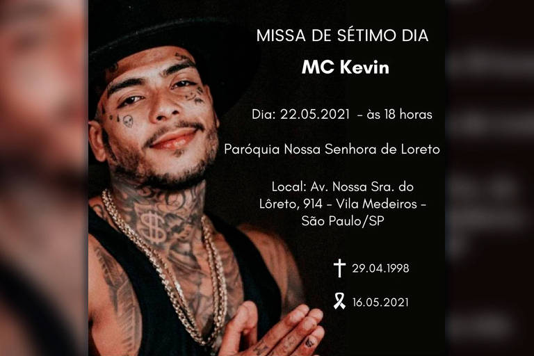 Flyer convidando para a missa de sétimo dia de MC Kevin, em São Paulo