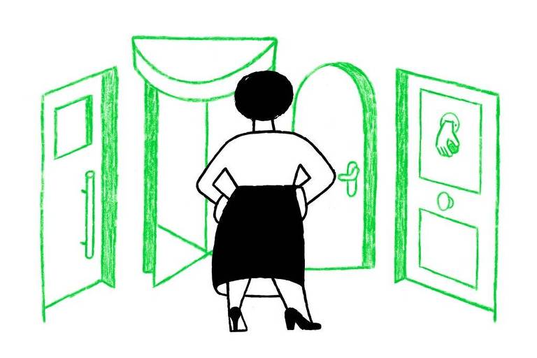 Ilustração em fundo branco de várias portas, em verde, e uma pessoa de costas, com camisa branca, saia preta e sapatos de salto, olhando para as portas com as mãos na cintura