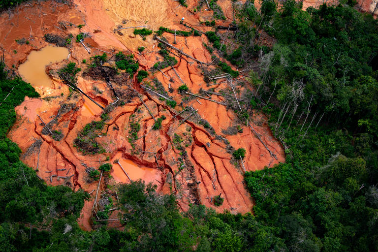 Vista aérea de área de escavação em meio à floresta; a terra é laranja, quase vermelha
