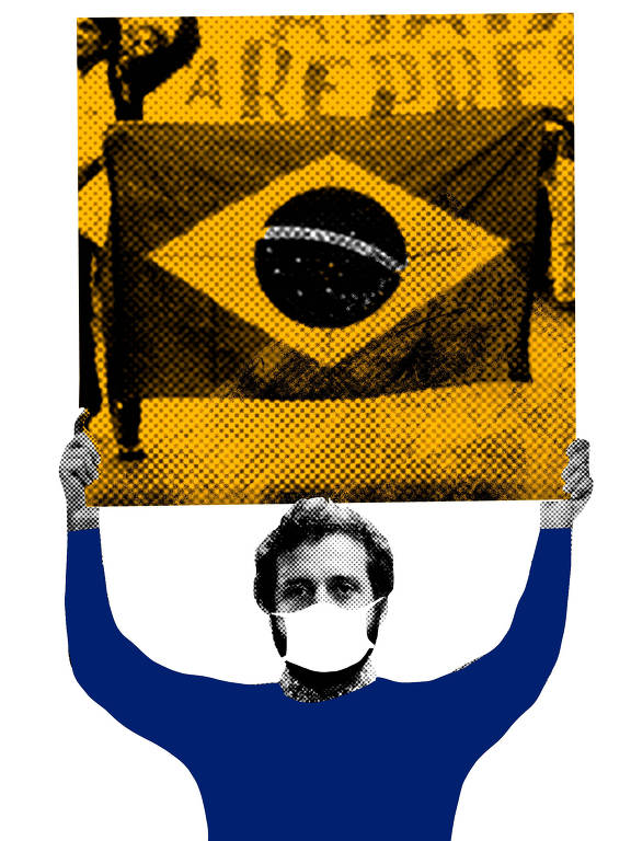 Colagem com foto de Gregorio Duviver usando máscara branca e blusa de manga longa azul segundo um cartaz com uma foto da bandeira do Brasil