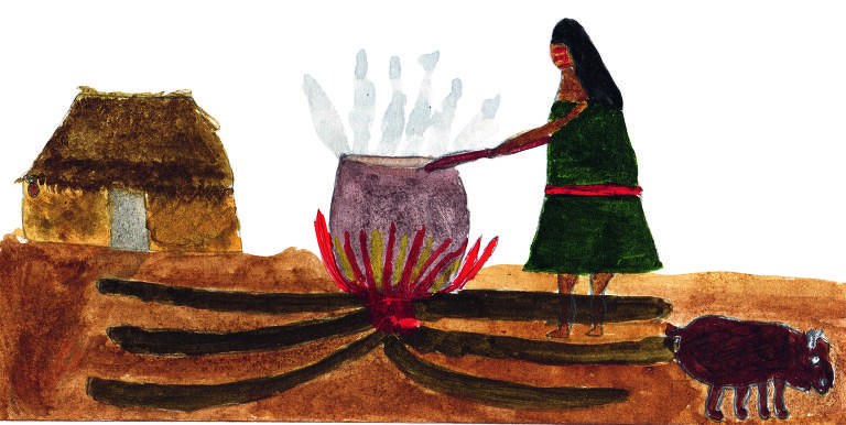 A artista indígena Sueli Maxakali, de Minas Gerais, estará na mostra com a obra '&#360;n te kuxak kuk top hemãhã [Ela tira gordura da capivara]'