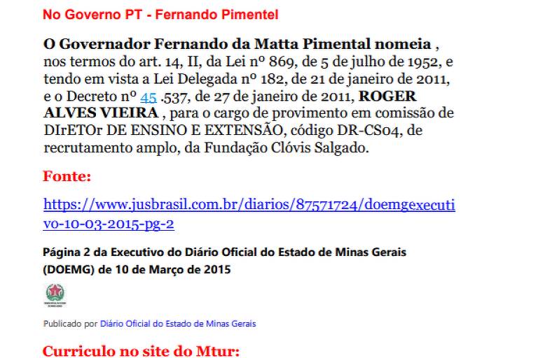 Trecho de 'mini-dossiê' sobre Roger Alves Vieira que se disseminou nos grupos de servidores