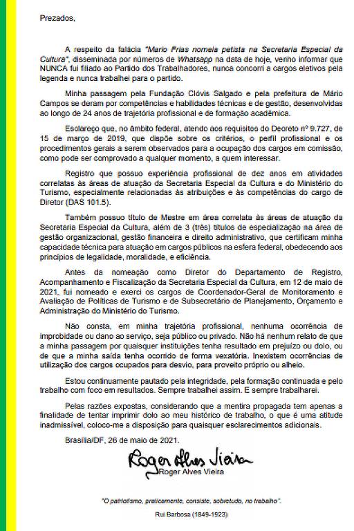 Manifestação de Roger Vieira a documento que se disseminou entre servidores da secretaria de Cultura, comandada por Mario Frias