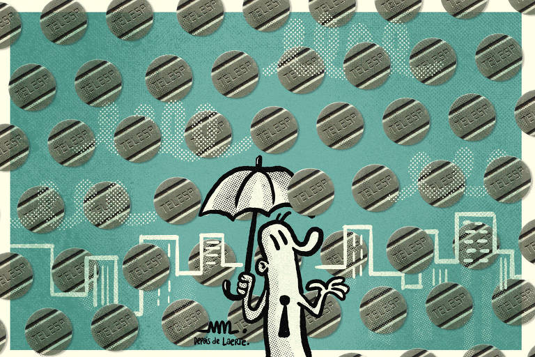 Ilustração de pessoa estilizada com uma gravata segurando um guarda-chuva. Em volta dela, há várias fichas telefônicas da Telesp. No fundo, há um vários prédios.