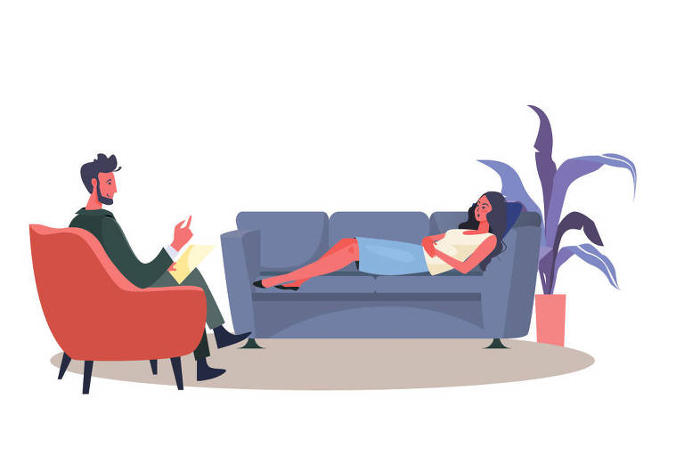 Ilustração de uma pessoa deitada em um divã, conversando com um terapeuta, sentado em uma poltrona