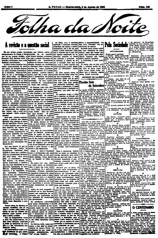 Primeira Página da Folha da Noite de 3 de agosto de 1921