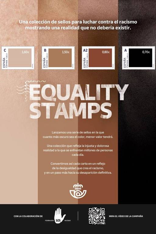 Cartela de selos com o nome 'Selos da Igualdade', com quatro selos de diferentes cor de pele, com valor descrescente quanto mais escuro é o selo