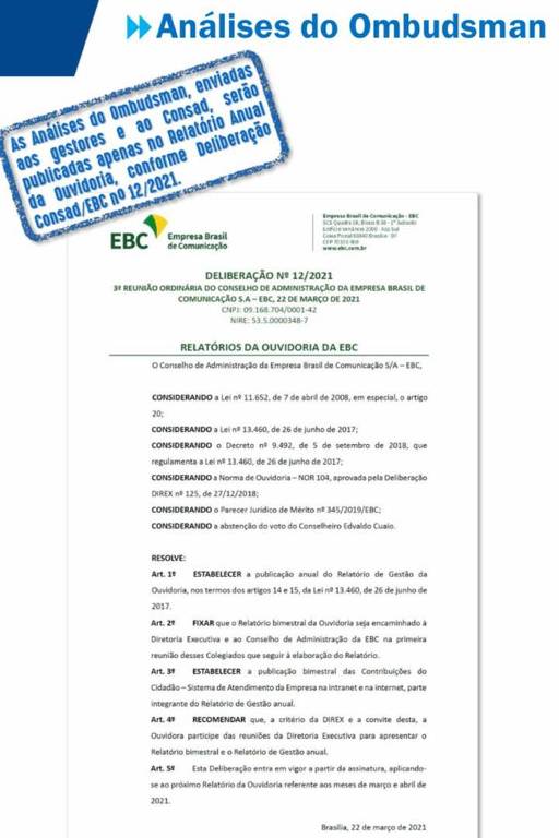 Aviso em relatório da EBC de que críticas do ombudsman deixarão de ser publicadas bimestralmente