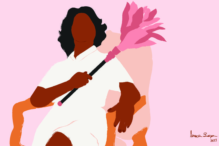 mulher segurando espanador de pó em desenho de fundo rosa claro