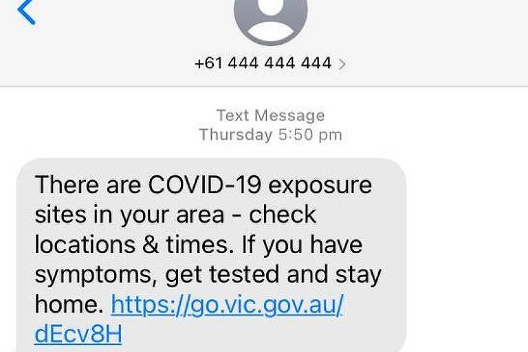 Mensagem de texto do governo australiano alertando sobre casos de Covid-19