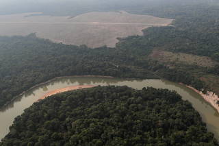 FILE PHOTO: An aerial view shows a river and a deforested plot of the Amazon near Porto Velho