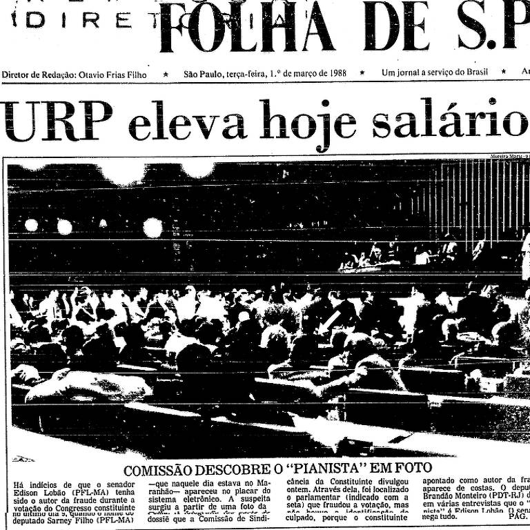 Capa da Folha de 1º de março de 1988 relatando a suspeita de que o então senador senador Edison Lobão (PFL-MA) tenha votado no lugar do deputado Sarney Filho (PFL-MA), que estava no Maranhão.