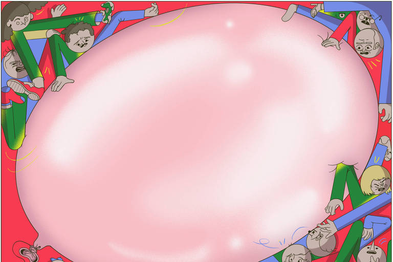 Ilustração mostra pessoas segurando a representação de uma bolha da inflação