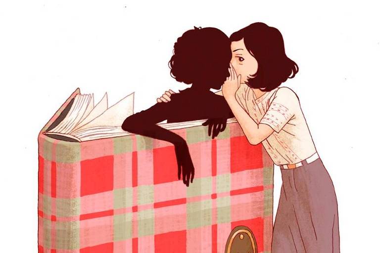 Desenho de menina falando com a própria sombra, que emerge de um livro gigante