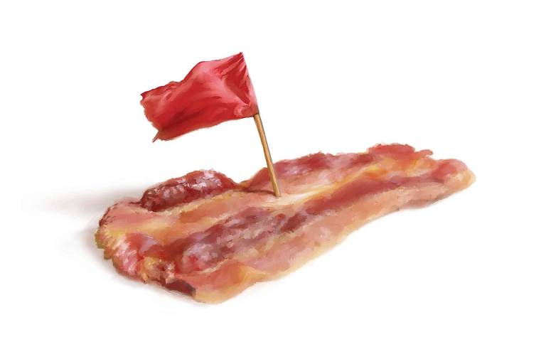 Ilustração de uma fatia de bacon com uma bandeira vermelha fincada nela