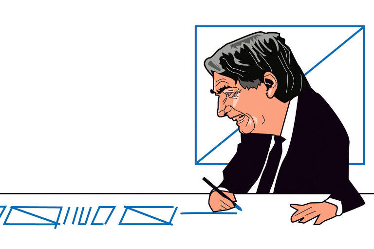 Ilustração de Carvall publicada na coluna Ombudsman do dia 13 de junho de 2021. Na imagem o presidente Bolsonaro está sentado à mesa e rabisca com a mãe direita o jornal.