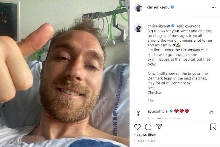 Christian Eriksen posta foto no hospital e afirma estar bem