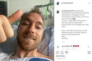 Danish footballer Eriksen gives a thumbs-up at Rigshospitalet in Copenhagen