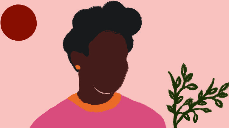 Desenho de mulher negra com blusa rosa e brinco laranja. Ela está ao lado de uma planta