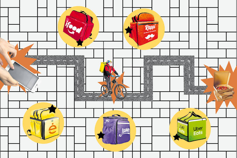 Ilustração com as mochilas usadas por entregadores de aplicativos de delivery