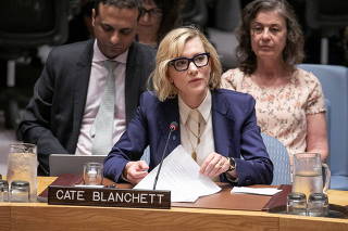 Cate Blanchett, Goodwill Ambassador for UNHCR, speaks at the United Nations Security Council in New York